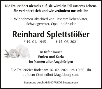 Traueranzeige von Reinhard Splettstößer  von Magdeburger Volksstimme