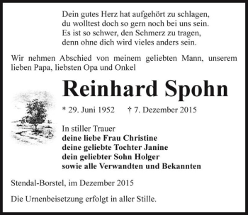 Traueranzeige von Reinhard Spohn  von Magdeburger Volksstimme