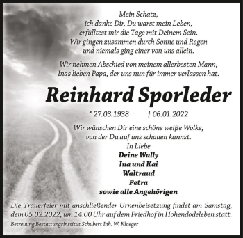 Traueranzeige von Reinhard Sporleder  von Magdeburger Volksstimme