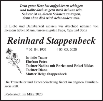 Traueranzeige von Reinhard Stappenbeck  von Magdeburger Volksstimme