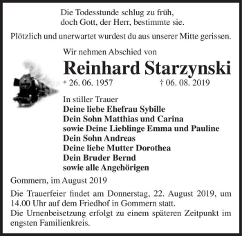 Traueranzeige von Reinhard Starzynski  von Magdeburger Volksstimme