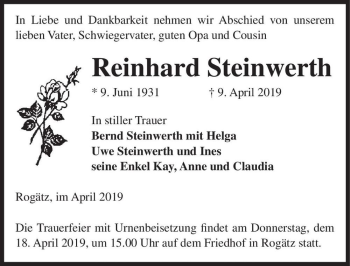 Traueranzeige von Reinhard Steinwerth  von Magdeburger Volksstimme