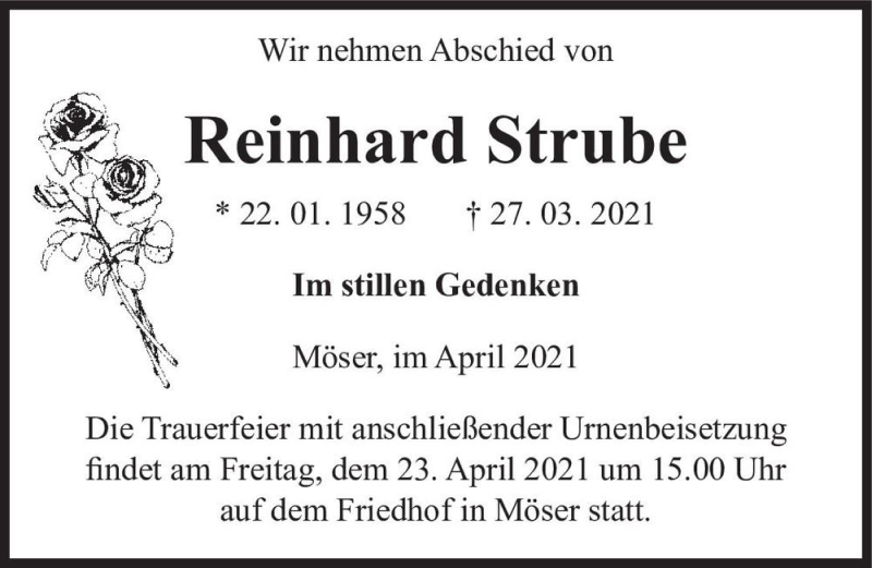  Traueranzeige für Reinhard Strube  vom 10.04.2021 aus Magdeburger Volksstimme