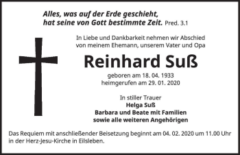 Traueranzeige von Reinhard Suß  von Magdeburger Volksstimme