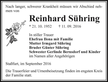 Traueranzeige von Reinhard Sühring  von Magdeburger Volksstimme