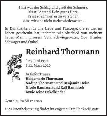 Traueranzeige von Reinhard Thormann  von Magdeburger Volksstimme