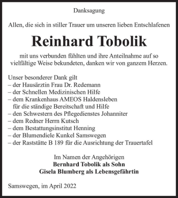 Traueranzeige von Reinhard Tobolik  von Magdeburger Volksstimme