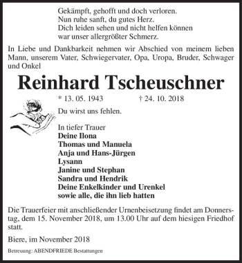 Traueranzeige von Reinhard Tscheuschner  von Magdeburger Volksstimme