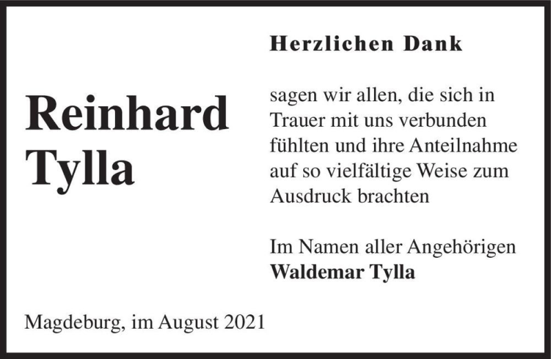  Traueranzeige für Reinhard Tylla  vom 28.08.2021 aus Magdeburger Volksstimme
