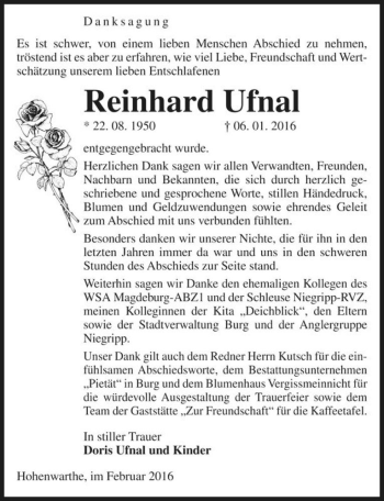Traueranzeige von Reinhard Ufnal  von Magdeburger Volksstimme