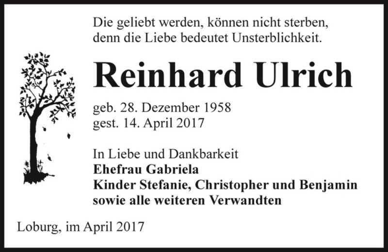  Traueranzeige für Reinhard Ulrich  vom 22.04.2017 aus Magdeburger Volksstimme