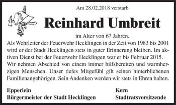Traueranzeige von Reinhard Umbreit  von Magdeburger Volksstimme