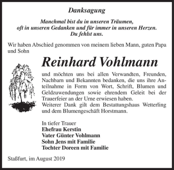 Traueranzeige von Reinhard Vohlmann  von Magdeburger Volksstimme