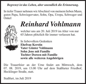 Traueranzeige von Reinhard Vohlmann  von Magdeburger Volksstimme