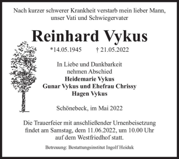 Traueranzeige von Reinhard Vykus  von Magdeburger Volksstimme