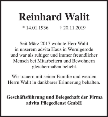 Traueranzeige von Reinhard Walit  von Magdeburger Volksstimme