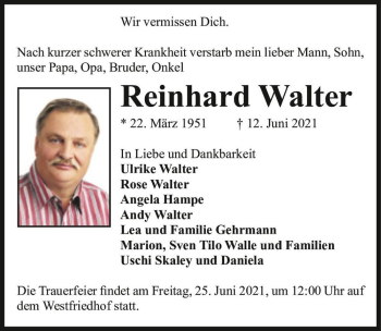 Traueranzeige von Reinhard Walter  von Magdeburger Volksstimme