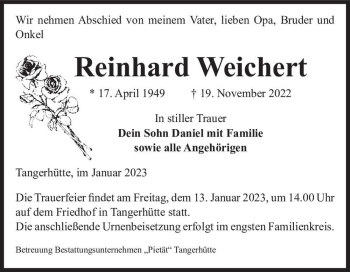 Traueranzeige von Reinhard Weichert  von Magdeburger Volksstimme