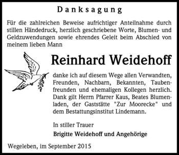 Traueranzeige von Reinhard Weidehoff  von Magdeburger Volksstimme