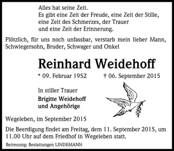 Traueranzeige von Reinhard Weidehoff  von Magdeburger Volksstimme