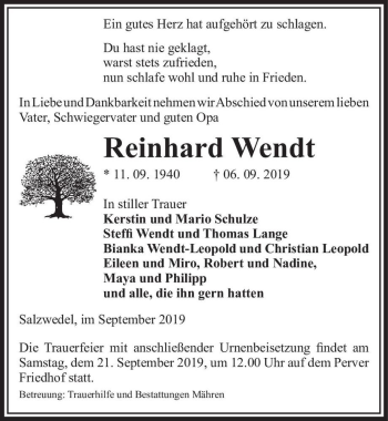 Traueranzeige von Reinhard Wendt  von Magdeburger Volksstimme