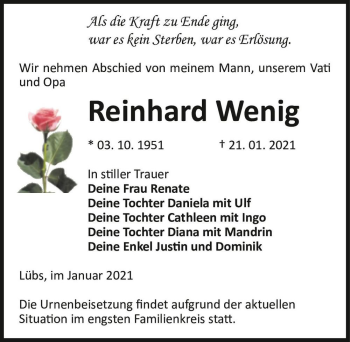 Traueranzeige von Reinhard Wenig  von Magdeburger Volksstimme