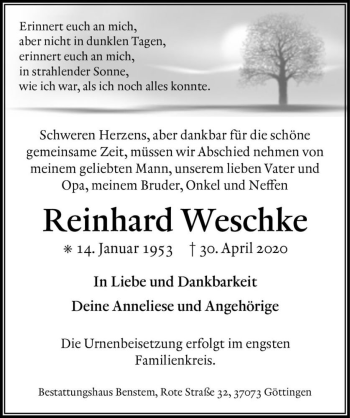 Traueranzeige von Reinhard Weschke  von Magdeburger Volksstimme