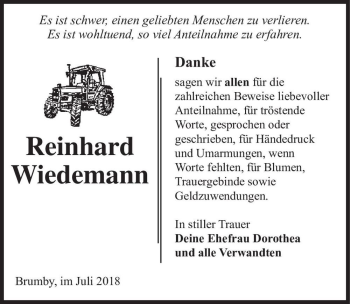 Traueranzeige von Reinhard Wiedemann  von Magdeburger Volksstimme