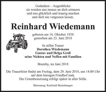 Traueranzeige von Reinhard Wiedemann  von Magdeburger Volksstimme