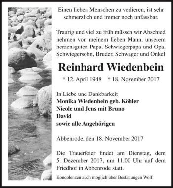 Traueranzeige von Reinhard Wiedenbein  von Magdeburger Volksstimme