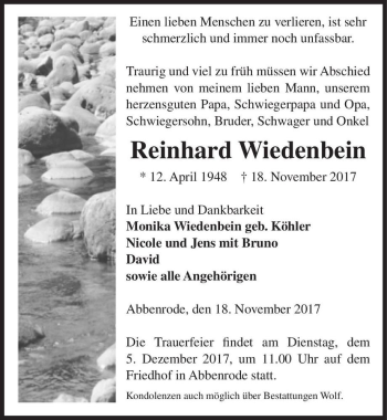 Traueranzeige von Reinhard Wiedenbein  von Magdeburger Volksstimme