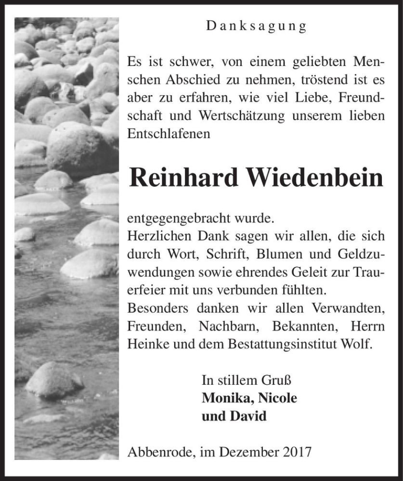  Traueranzeige für Reinhard Wiedenbein  vom 21.12.2017 aus Magdeburger Volksstimme