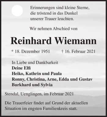 Traueranzeige von Reinhard Wiemann  von Magdeburger Volksstimme