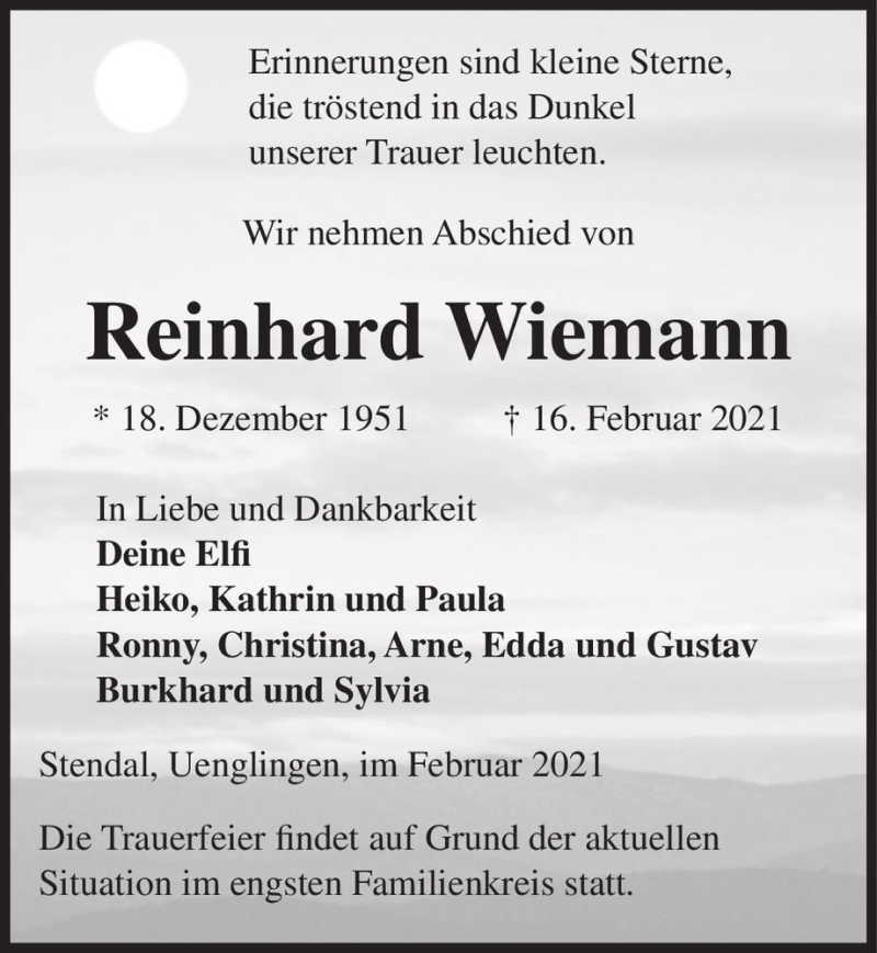  Traueranzeige für Reinhard Wiemann  vom 23.02.2021 aus Magdeburger Volksstimme
