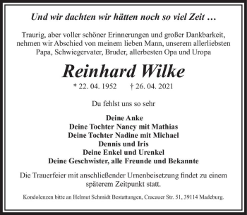 Traueranzeige von Reinhard Wilke  von Magdeburger Volksstimme