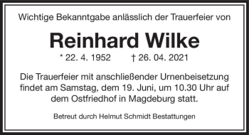 Traueranzeige von Reinhard Wilke  von Magdeburger Volksstimme