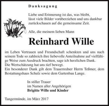 Traueranzeige von Reinhard Wille  von Magdeburger Volksstimme