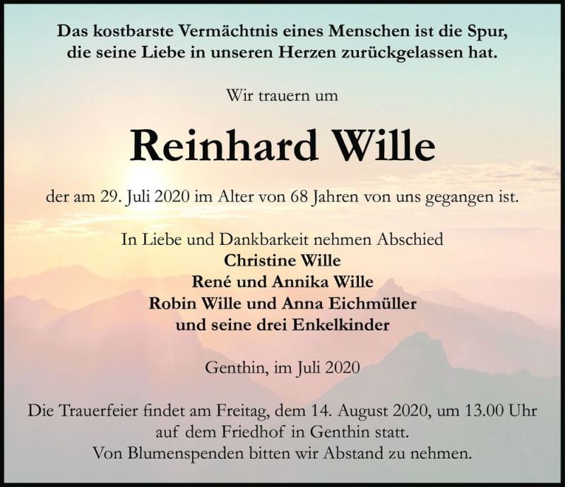  Traueranzeige für Reinhard Wille  vom 08.08.2020 aus Magdeburger Volksstimme
