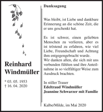 Traueranzeige von Reinhard Windmüller  von Magdeburger Volksstimme