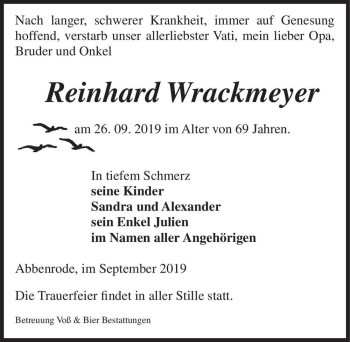 Traueranzeige von Reinhard Wrackmeyer  von Magdeburger Volksstimme