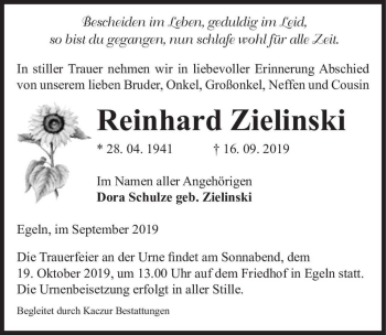 Traueranzeige von Reinhard Zielinski  von Magdeburger Volksstimme