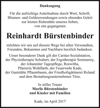 Traueranzeige von Reinhardt Bürstenbinder  von Magdeburger Volksstimme
