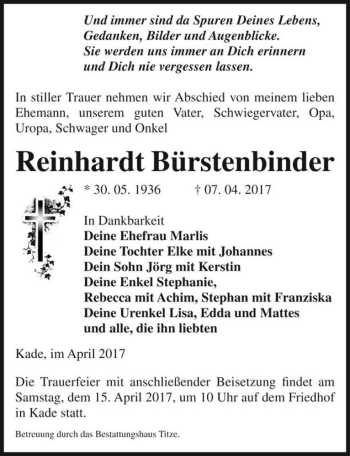 Traueranzeige von Reinhardt Bürstenbinder  von Magdeburger Volksstimme