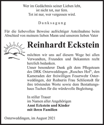 Traueranzeige von Reinhardt Eckstein  von Magdeburger Volksstimme