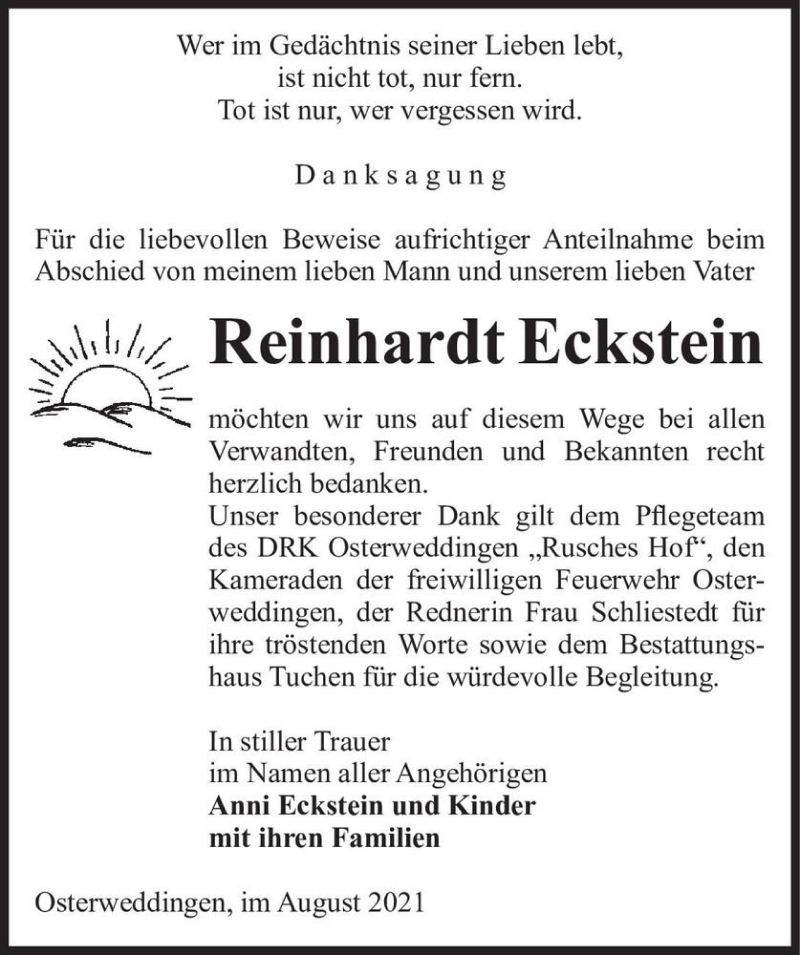  Traueranzeige für Reinhardt Eckstein  vom 07.08.2021 aus Magdeburger Volksstimme