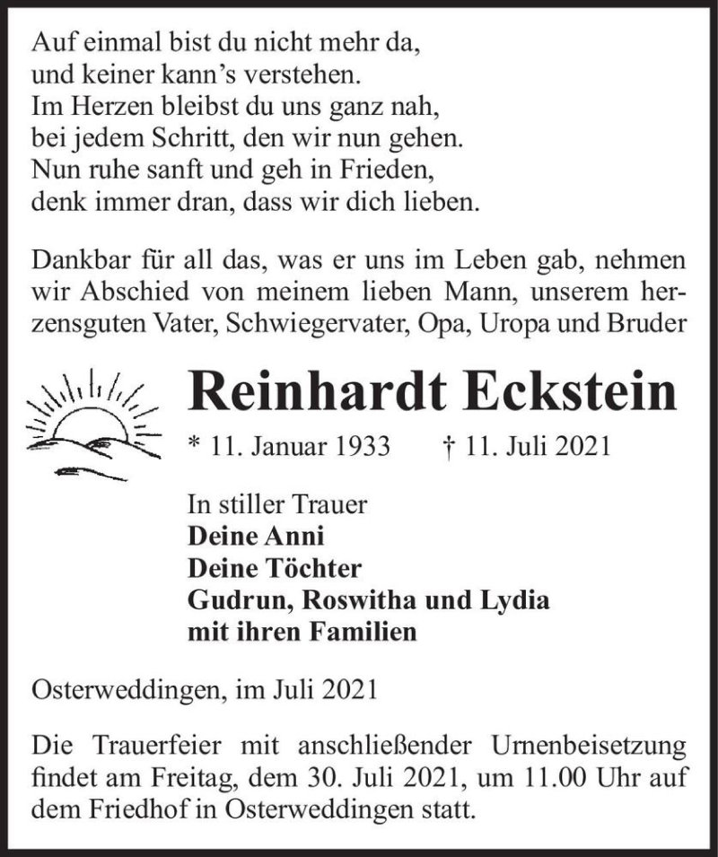  Traueranzeige für Reinhardt Eckstein  vom 17.07.2021 aus Magdeburger Volksstimme