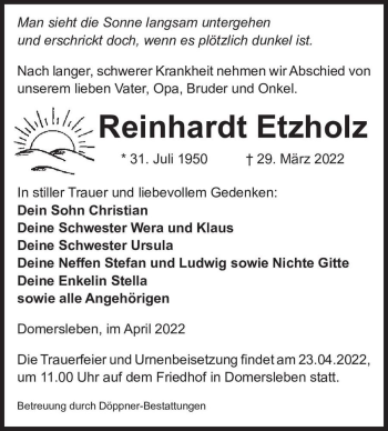 Traueranzeige von Reinhardt Etzholz  von Magdeburger Volksstimme