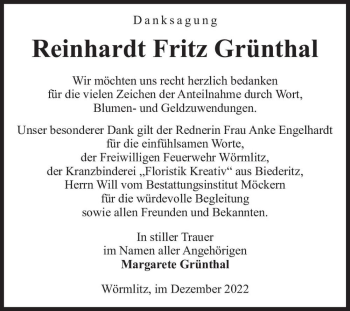 Traueranzeige von Reinhardt Fritz Grünthal  von Magdeburger Volksstimme