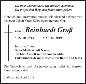 Traueranzeige von Reinhardt Groß  von Magdeburger Volksstimme