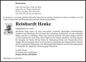 Traueranzeige von Reinhardt Henke  von Magdeburger Volksstimme
